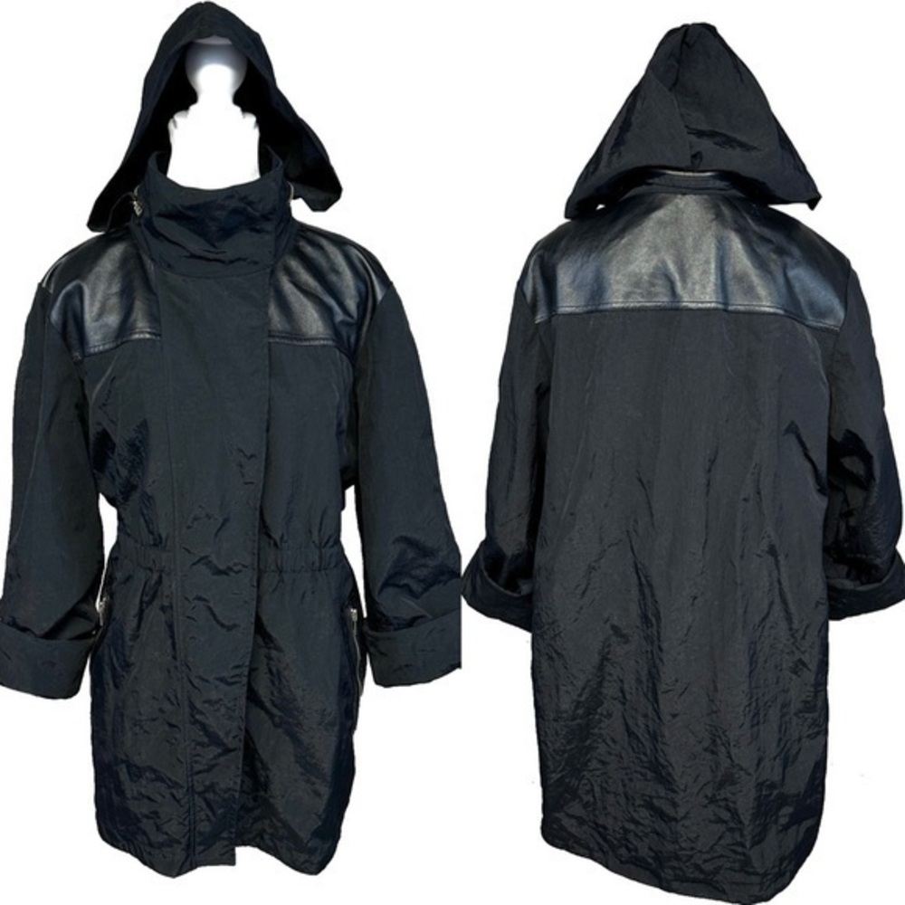 Alfani Black Nylon Jacket with Gold Accents Snap Button Hooded Dressy Sz Large